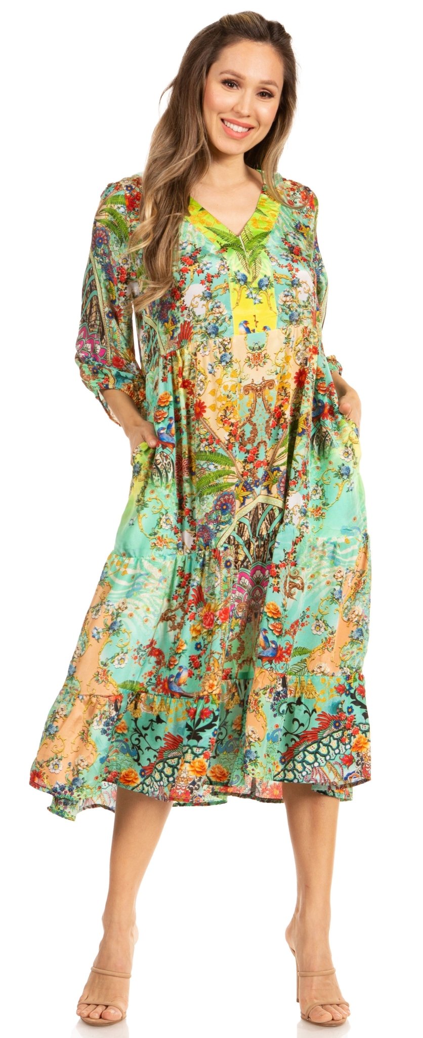 Sakkas Sole Women's Boho Floral Print V-Neck Midi Dress with Long Sleeves dresses La Vie Bien Sakkas Sole Women's Boho Floral Print V-Neck Midi Dress with Long Sleeves