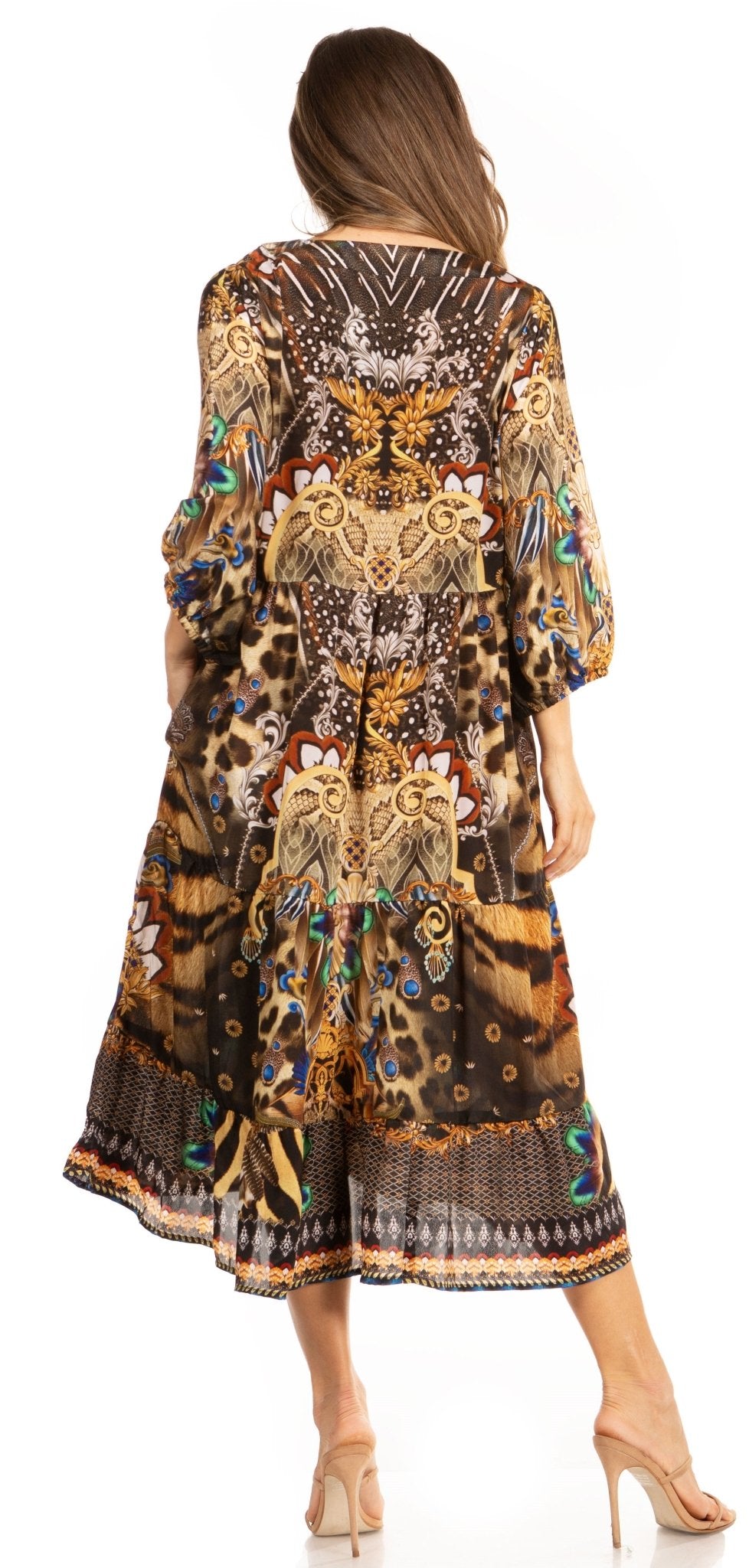 Sakkas Sole Women's Boho Floral Print V-Neck Midi Dress with Long Sleeves dresses La Vie Bien Sakkas Sole Women's Boho Floral Print V-Neck Midi Dress with Long Sleeves