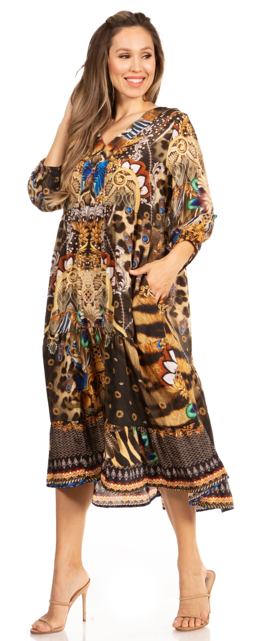 Sakkas Sole Women's Boho Floral Print V-Neck Midi Dress with Long Sleeves dresses La Vie Bien Sakkas Sole Women's Boho Floral Print V-Neck Midi Dress with Long Sleeves
