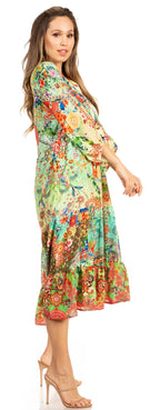 Sakkas Sole Women's Boho Floral Print V-Neck Midi Dress with Long Sleeves dresses La Vie Bien Sakkas Sole Women's Boho Floral Print V-Neck Midi Dress with Long Sleeves