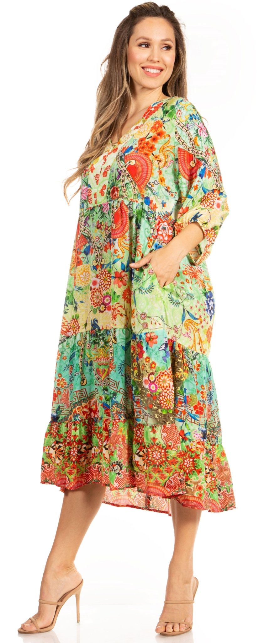 Sakkas Sole Women's Boho Floral Print V-Neck Midi Dress with Long Sleeves dresses La Vie Bien Sakkas Sole Women's Boho Floral Print V-Neck Midi Dress with Long Sleeves