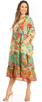 Sakkas Sole Women's Boho Floral Print V-Neck Midi Dress with Long Sleeves dresses La Vie Bien Sakkas Sole Women's Boho Floral Print V-Neck Midi Dress with Long Sleeves
