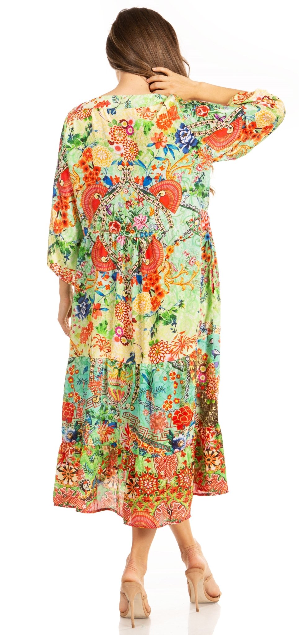 Sakkas Sole Women's Boho Floral Print V-Neck Midi Dress with Long Sleeves dresses La Vie Bien Sakkas Sole Women's Boho Floral Print V-Neck Midi Dress with Long Sleeves