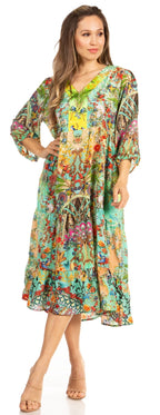 Sakkas Sole Women's Boho Floral Print V-Neck Midi Dress with Long Sleeves dresses La Vie Bien Sakkas Sole Women's Boho Floral Print V-Neck Midi Dress with Long Sleeves