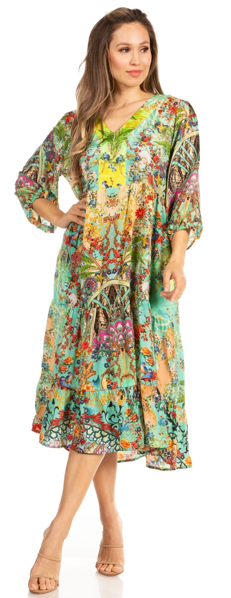 Sakkas Sole Women's Boho Floral Print V-Neck Midi Dress with Long Sleeves dresses La Vie Bien Sakkas Sole Women's Boho Floral Print V-Neck Midi Dress with Long Sleeves
