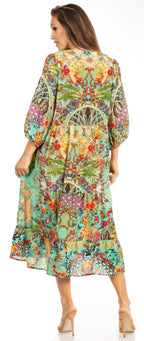 Sakkas Sole Women's Boho Floral Print V-Neck Midi Dress with Long Sleeves dresses La Vie Bien Sakkas Sole Women's Boho Floral Print V-Neck Midi Dress with Long Sleeves
