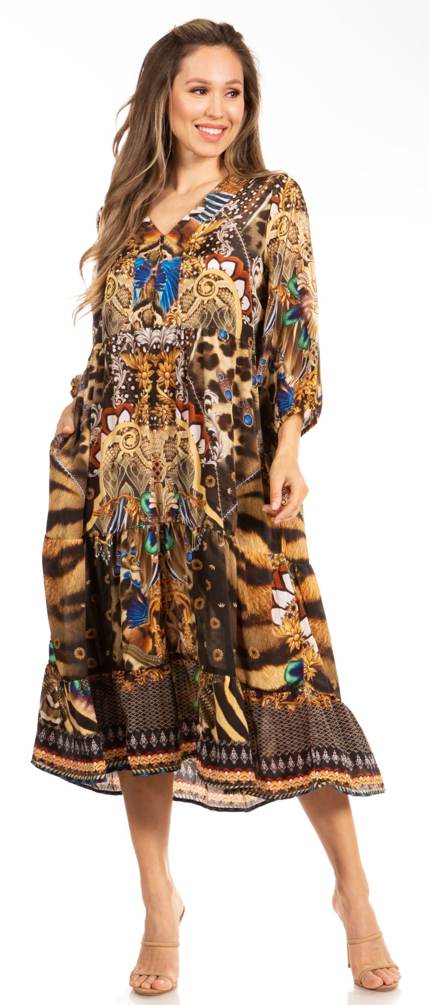Sakkas Sole Women's Boho Floral Print V-Neck Midi Dress with Long Sleeves dresses La Vie Bien Sakkas Sole Women's Boho Floral Print V-Neck Midi Dress with Long Sleeves