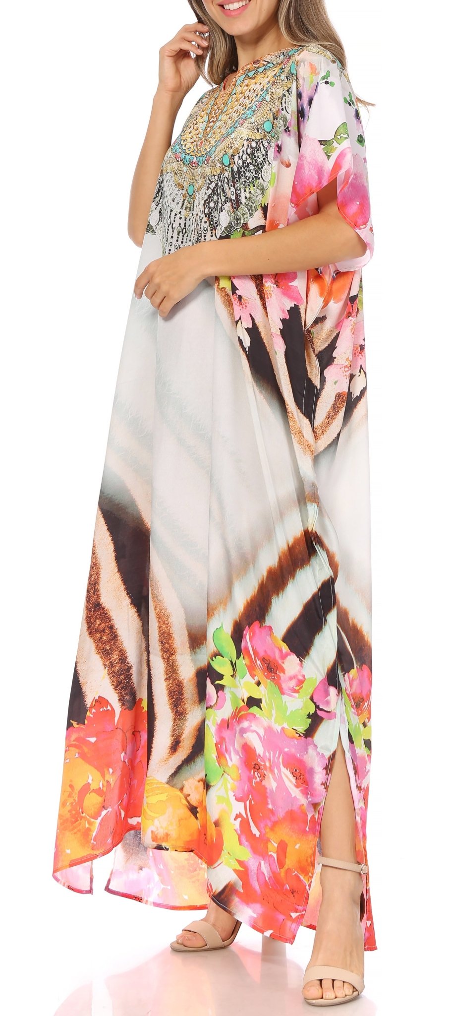 Sakkas Vicky Women's Casual Long Print Short Sleeve Petite Beach Maxi Caftan Dress - Buy One Get One Free dresses La Vie Bien Sakkas Vicky Women's Casual Long Print Short Sleeve Petite Beach Maxi Caftan Dress - Buy One Get One Free