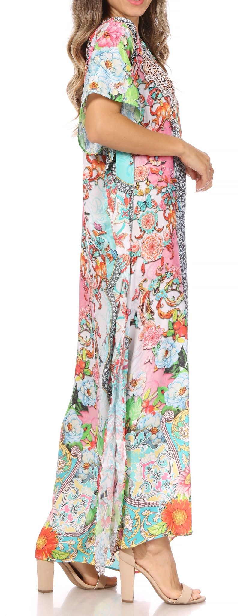 Sakkas Vicky Women's Casual Long Print Short Sleeve Petite Beach Maxi Caftan Dress - Buy One Get One Free dresses La Vie Bien Sakkas Vicky Women's Casual Long Print Short Sleeve Petite Beach Maxi Caftan Dress - Buy One Get One Free