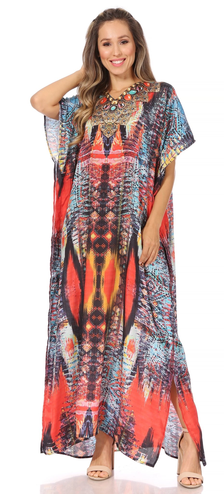 Sakkas Vicky Women's Casual Long Print Short Sleeve Petite Beach Maxi Caftan Dress - Buy One Get One Free dresses La Vie Bien Sakkas Vicky Women's Casual Long Print Short Sleeve Petite Beach Maxi Caftan Dress - Buy One Get One Free