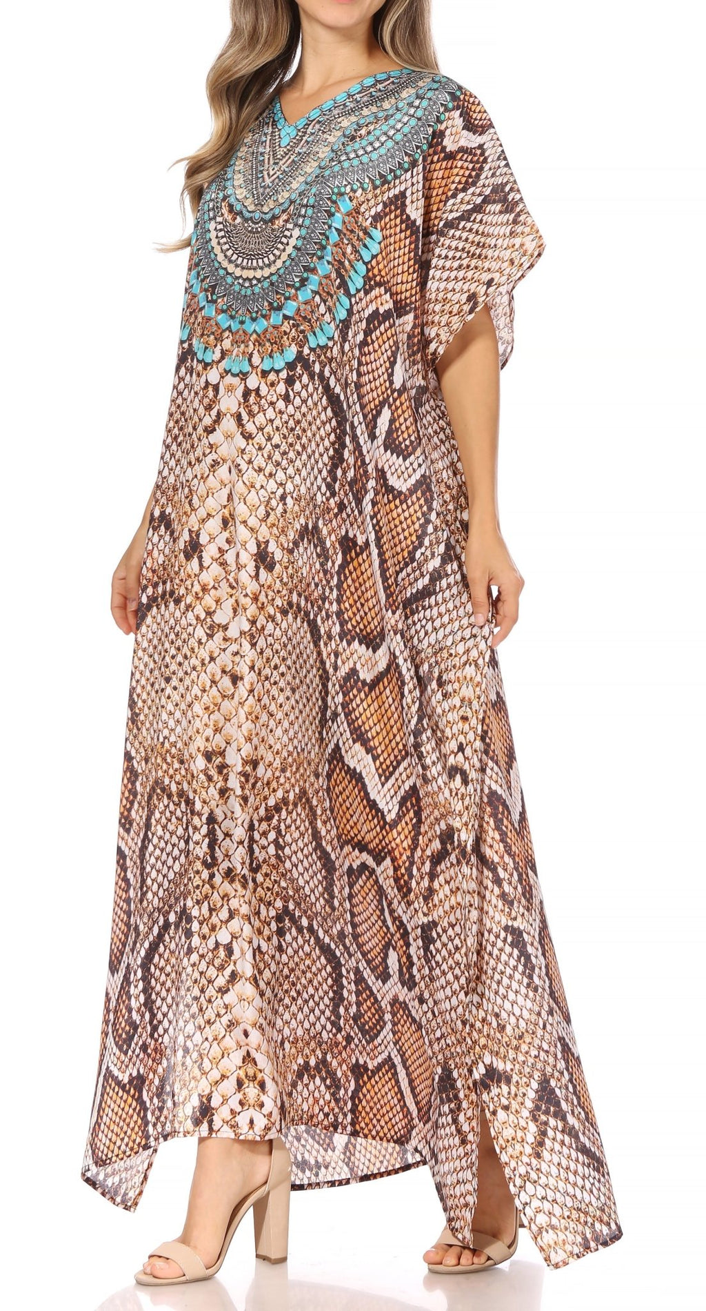 Sakkas Vicky Women's Casual Long Print Short Sleeve Petite Beach Maxi Caftan Dress - Buy One Get One Free dresses La Vie Bien Sakkas Vicky Women's Casual Long Print Short Sleeve Petite Beach Maxi Caftan Dress - Buy One Get One Free