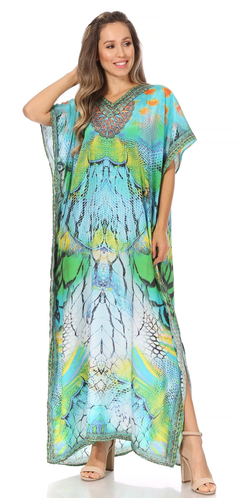 Sakkas Vicky Women's Casual Long Print Short Sleeve Petite Beach Maxi Caftan Dress - Buy One Get One Free dresses La Vie Bien Sakkas Vicky Women's Casual Long Print Short Sleeve Petite Beach Maxi Caftan Dress - Buy One Get One Free