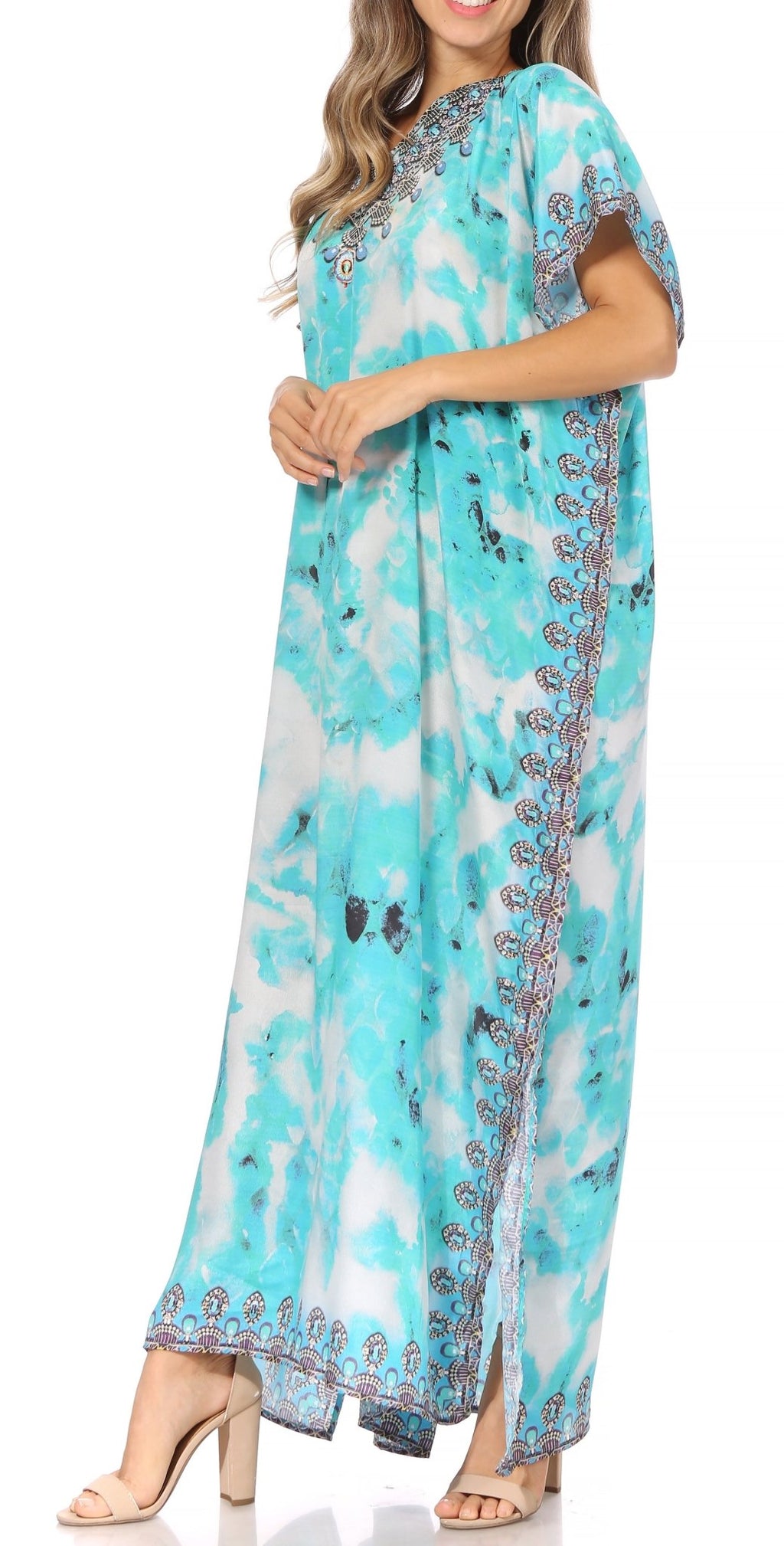 Sakkas Vicky Women's Casual Long Print Short Sleeve Petite Beach Maxi Caftan Dress - Buy One Get One Free dresses La Vie Bien Sakkas Vicky Women's Casual Long Print Short Sleeve Petite Beach Maxi Caftan Dress - Buy One Get One Free
