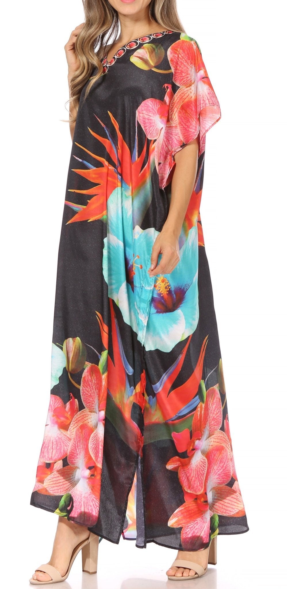 Sakkas Vicky Women's Casual Long Print Short Sleeve Petite Beach Maxi Caftan Dress - Buy One Get One Free dresses La Vie Bien Sakkas Vicky Women's Casual Long Print Short Sleeve Petite Beach Maxi Caftan Dress - Buy One Get One Free