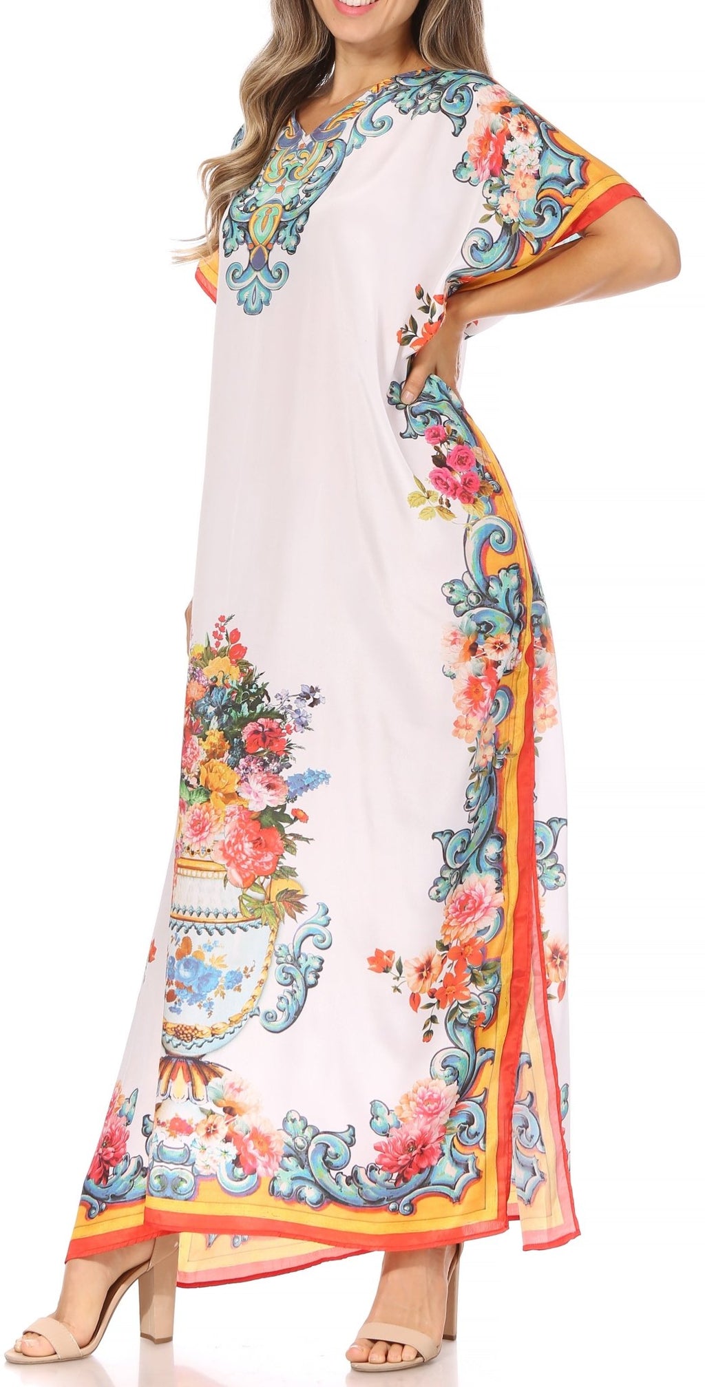 Sakkas Vicky Women's Casual Long Print Short Sleeve Petite Beach Maxi Caftan Dress - Buy One Get One Free dresses La Vie Bien Sakkas Vicky Women's Casual Long Print Short Sleeve Petite Beach Maxi Caftan Dress - Buy One Get One Free