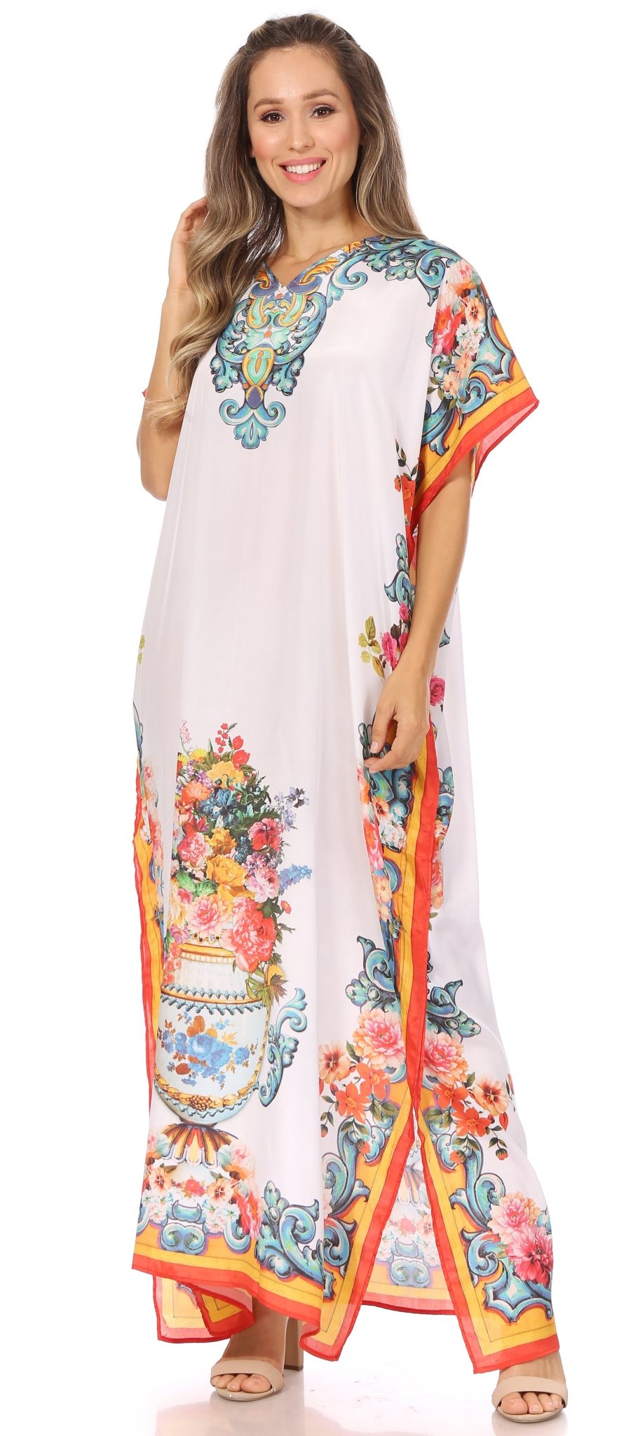 Sakkas Vicky Women's Casual Long Print Short Sleeve Petite Beach Maxi Caftan Dress - Buy One Get One Free dresses La Vie Bien Sakkas Vicky Women's Casual Long Print Short Sleeve Petite Beach Maxi Caftan Dress - Buy One Get One Free