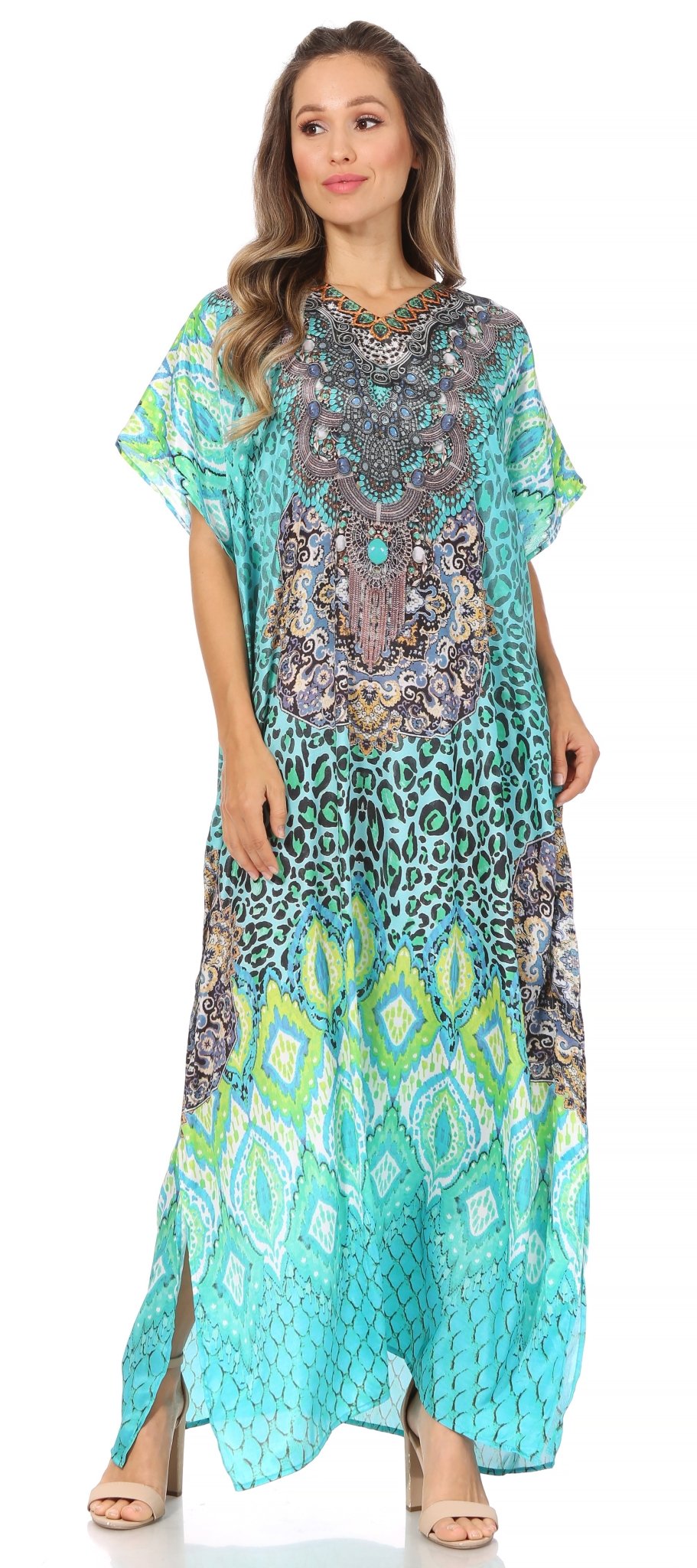 Sakkas Vicky Women's Casual Long Print Short Sleeve Petite Beach Maxi Caftan Dress - Buy One Get One Free dresses La Vie Bien Sakkas Vicky Women's Casual Long Print Short Sleeve Petite Beach Maxi Caftan Dress - Buy One Get One Free