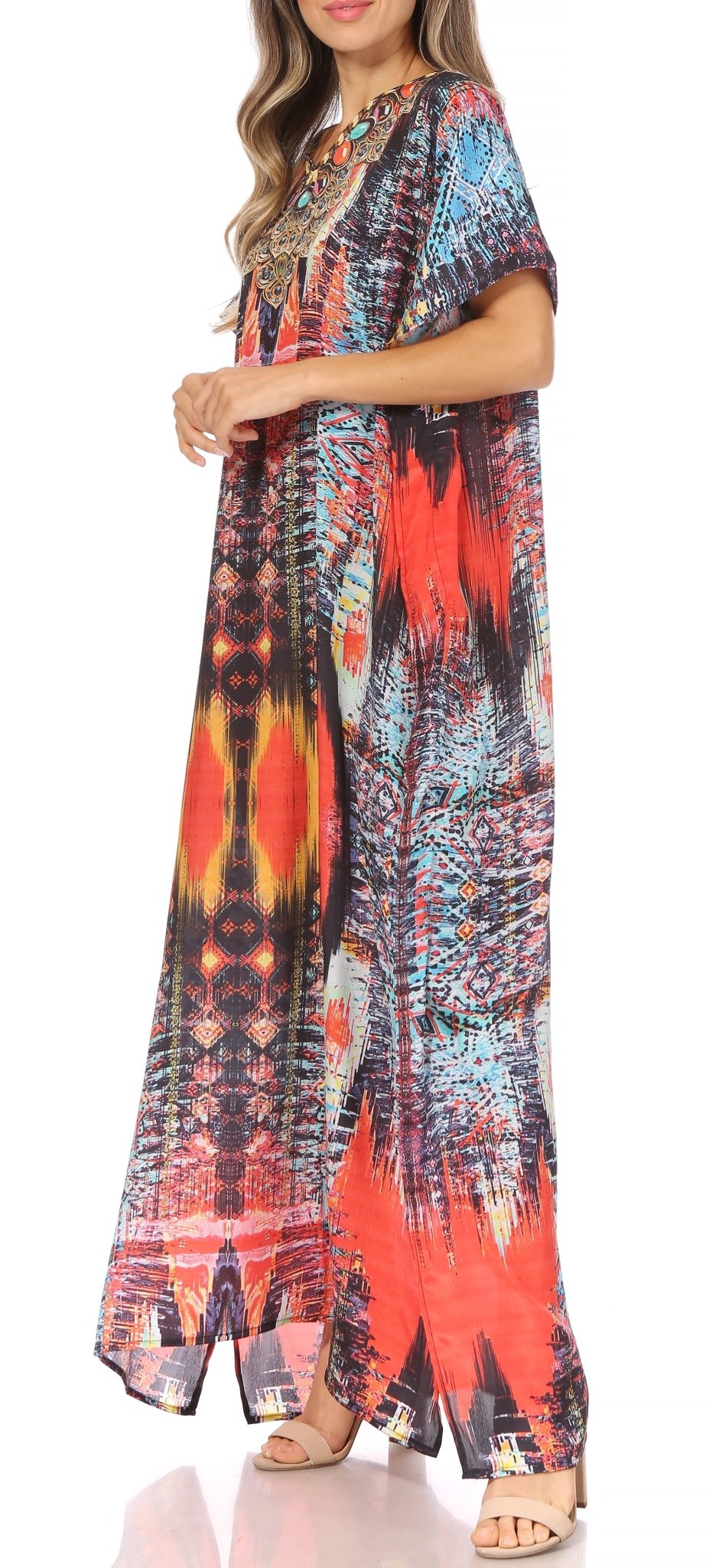 Sakkas Vicky Women's Casual Long Print Short Sleeve Petite Beach Maxi Caftan Dress - Buy One Get One Free dresses La Vie Bien Sakkas Vicky Women's Casual Long Print Short Sleeve Petite Beach Maxi Caftan Dress - Buy One Get One Free