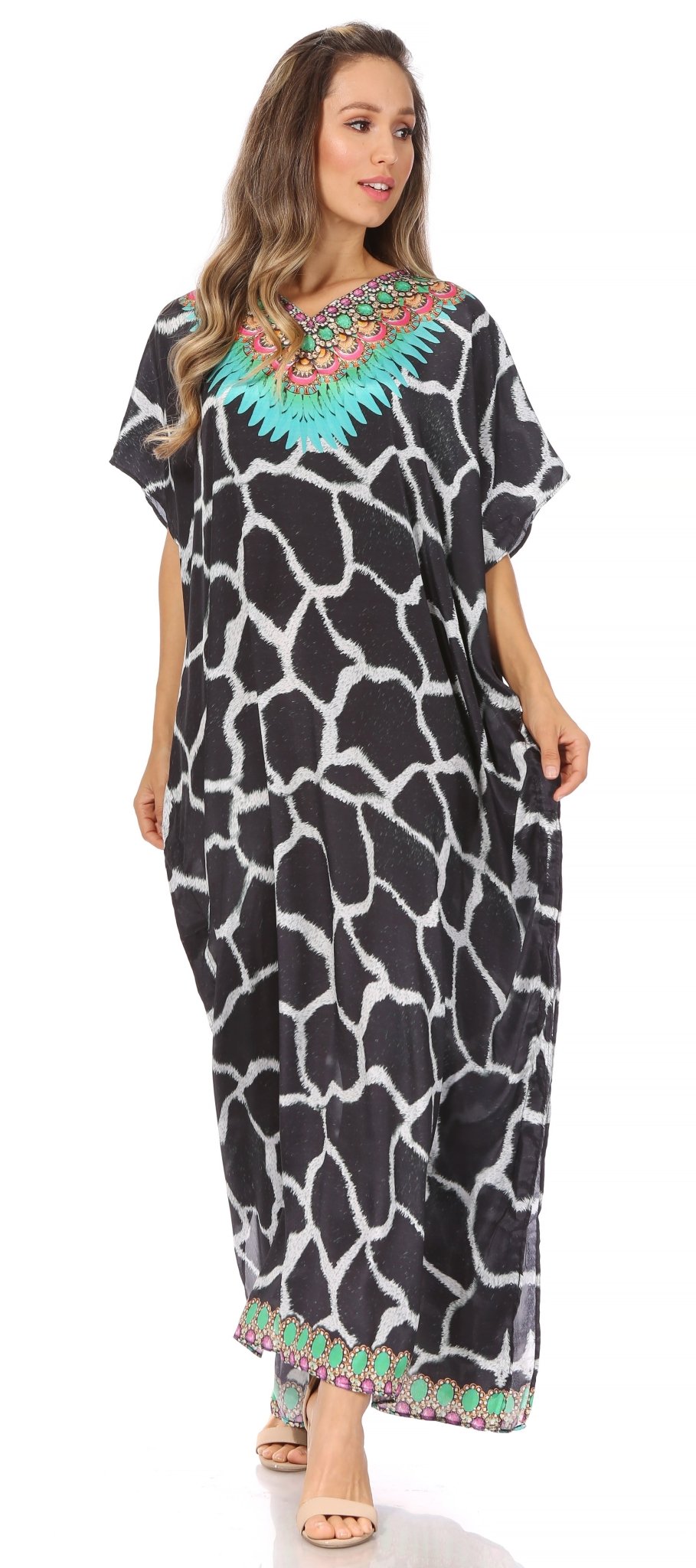 Sakkas Vicky Women's Casual Long Print Short Sleeve Petite Beach Maxi Caftan Dress - Buy One Get One Free dresses La Vie Bien Sakkas Vicky Women's Casual Long Print Short Sleeve Petite Beach Maxi Caftan Dress - Buy One Get One Free