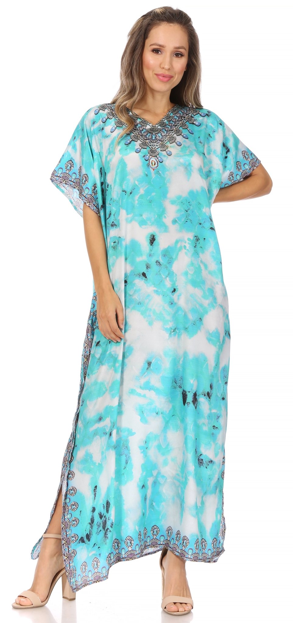 Sakkas Vicky Women's Casual Long Print Short Sleeve Petite Beach Maxi Caftan Dress - Buy One Get One Free dresses La Vie Bien Sakkas Vicky Women's Casual Long Print Short Sleeve Petite Beach Maxi Caftan Dress - Buy One Get One Free