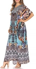 Sakkas Vicky Women's Casual Long Print Short Sleeve Petite Beach Maxi Caftan Dress - Buy One Get One Free dresses La Vie Bien Sakkas Vicky Women's Casual Long Print Short Sleeve Petite Beach Maxi Caftan Dress - Buy One Get One Free