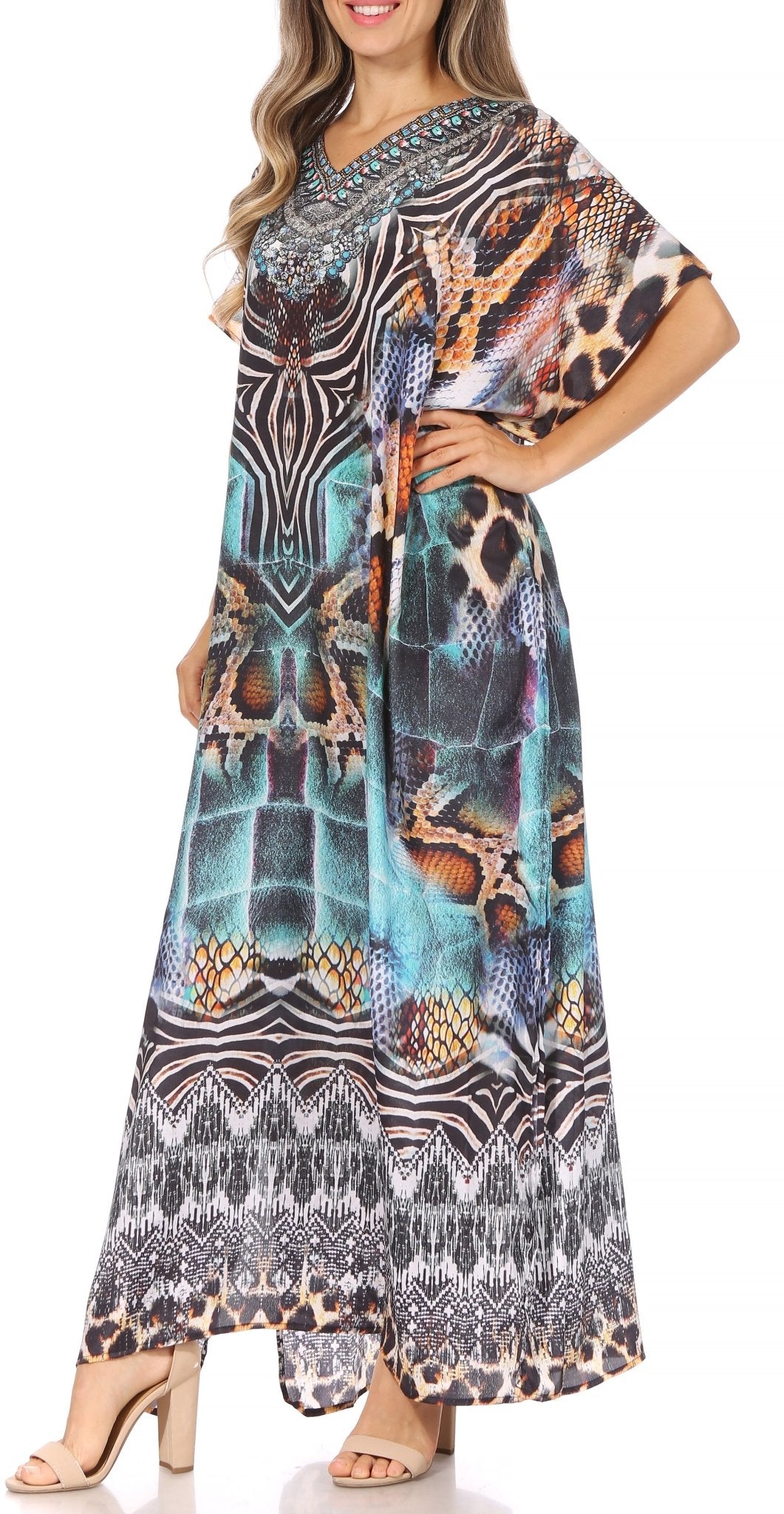 Sakkas Vicky Women's Casual Long Print Short Sleeve Petite Beach Maxi Caftan Dress - Buy One Get One Free dresses La Vie Bien Sakkas Vicky Women's Casual Long Print Short Sleeve Petite Beach Maxi Caftan Dress - Buy One Get One Free