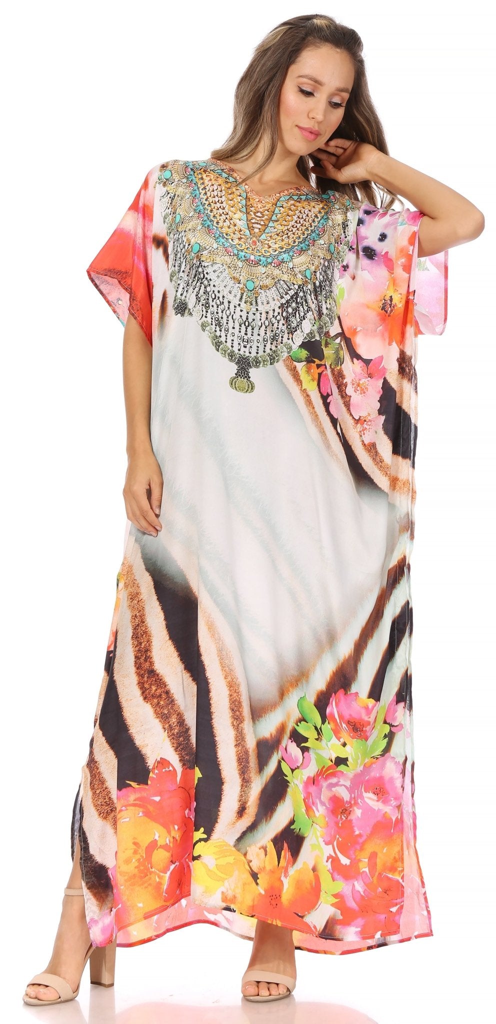 Sakkas Vicky Women's Casual Long Print Short Sleeve Petite Beach Maxi Caftan Dress - Buy One Get One Free dresses La Vie Bien Sakkas Vicky Women's Casual Long Print Short Sleeve Petite Beach Maxi Caftan Dress - Buy One Get One Free