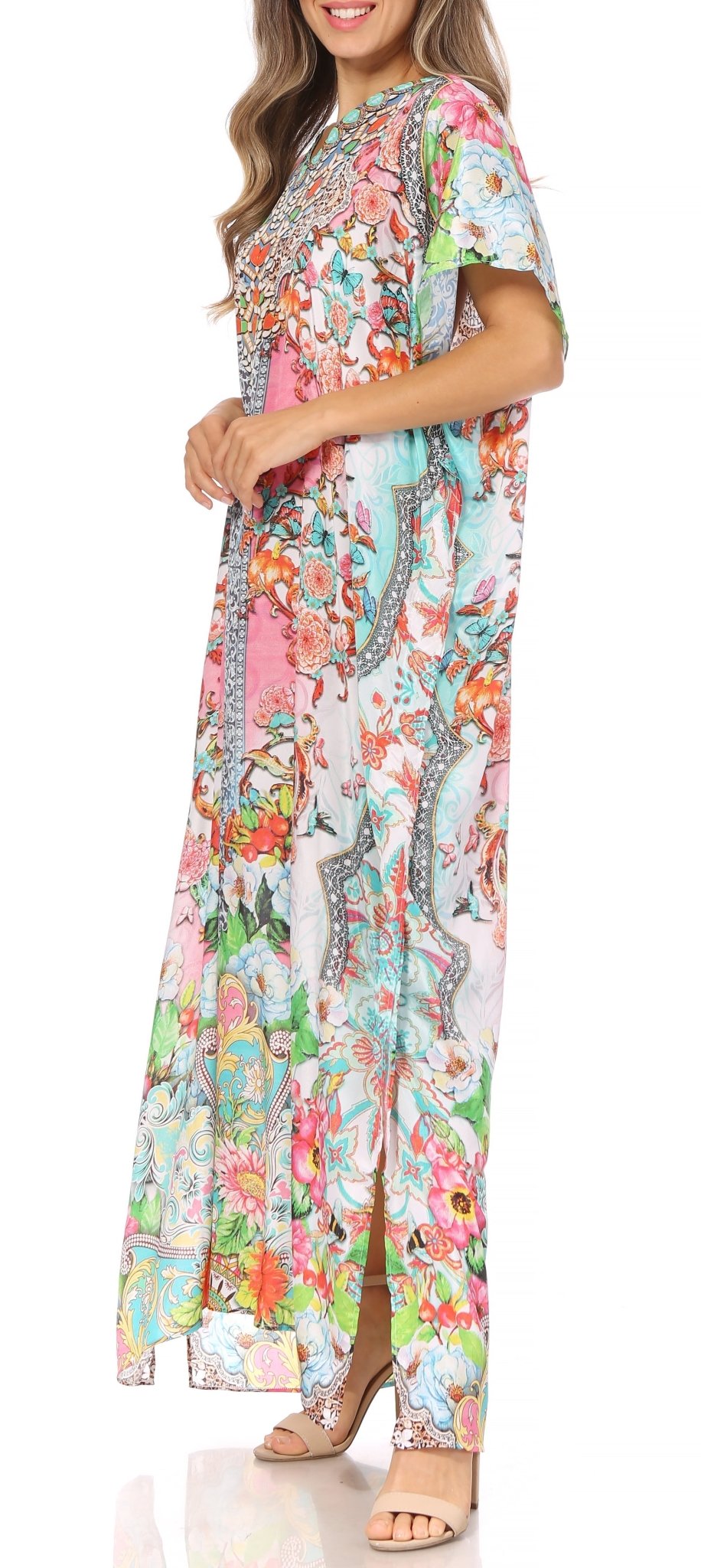 Sakkas Vicky Women's Casual Long Print Short Sleeve Petite Beach Maxi Caftan Dress - Buy One Get One Free dresses La Vie Bien Sakkas Vicky Women's Casual Long Print Short Sleeve Petite Beach Maxi Caftan Dress - Buy One Get One Free