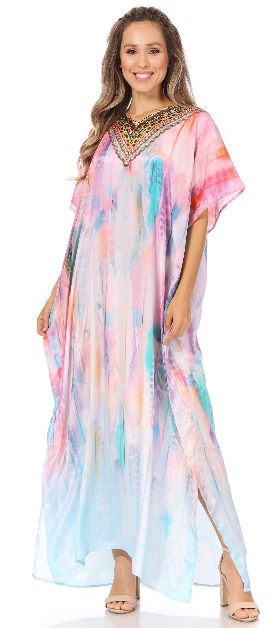 Sakkas Vicky Women's Casual Long Print Short Sleeve Petite Beach Maxi Caftan Dress - Buy One Get One Free dresses La Vie Bien Sakkas Vicky Women's Casual Long Print Short Sleeve Petite Beach Maxi Caftan Dress - Buy One Get One Free