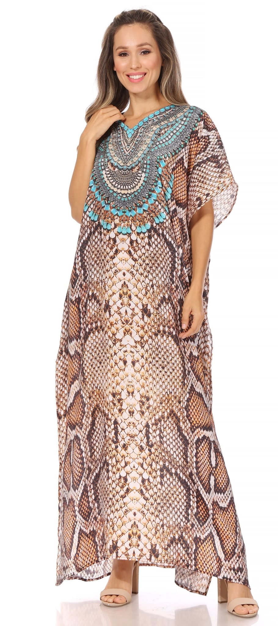 Sakkas Vicky Women's Casual Long Print Short Sleeve Petite Beach Maxi Caftan Dress - Buy One Get One Free dresses La Vie Bien Sakkas Vicky Women's Casual Long Print Short Sleeve Petite Beach Maxi Caftan Dress - Buy One Get One Free