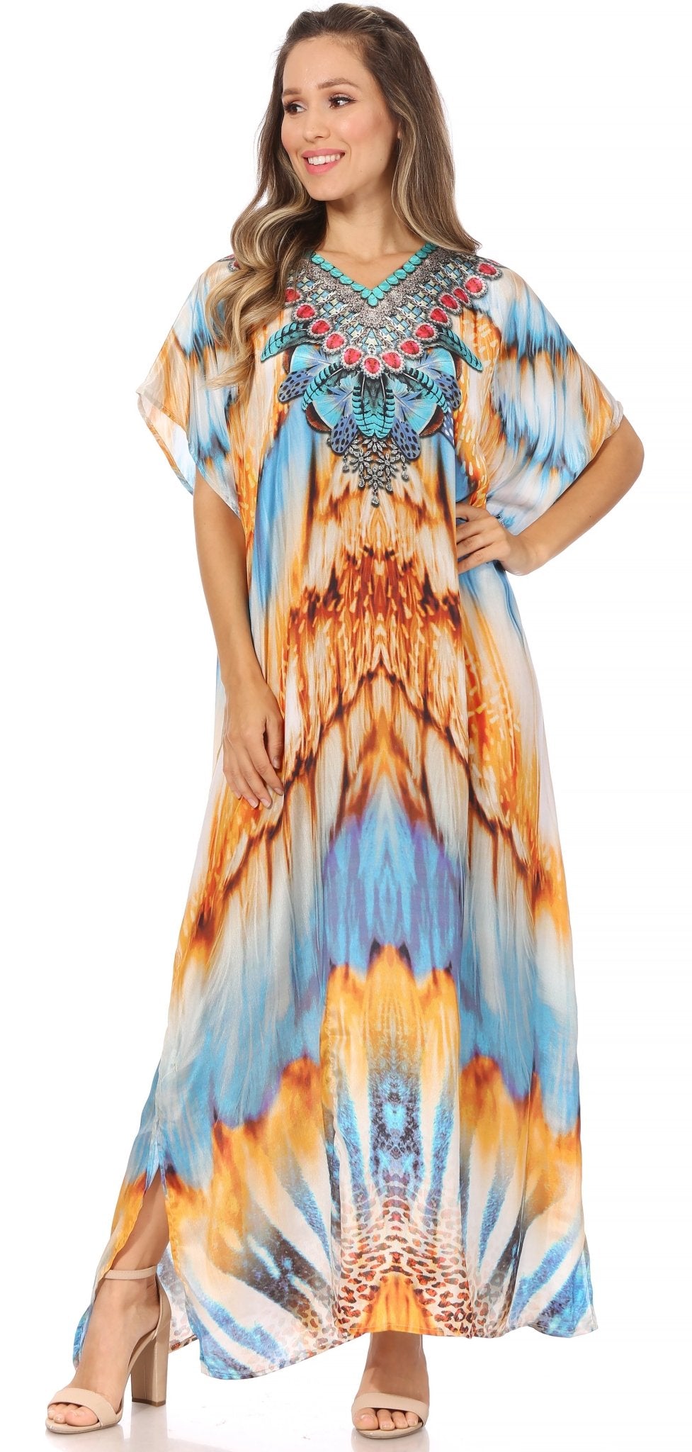 Sakkas Vicky Women's Casual Long Print Short Sleeve Petite Beach Maxi Caftan Dress - Buy One Get One Free dresses La Vie Bien Sakkas Vicky Women's Casual Long Print Short Sleeve Petite Beach Maxi Caftan Dress - Buy One Get One Free