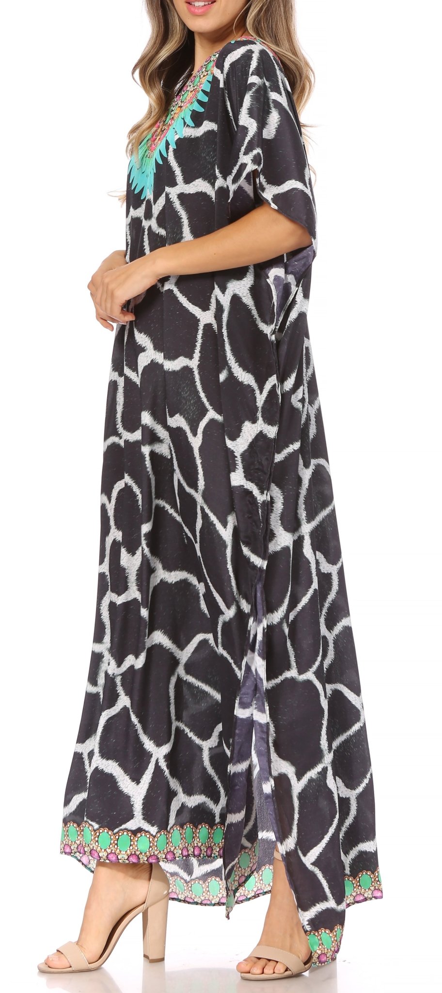Sakkas Vicky Women's Casual Long Print Short Sleeve Petite Beach Maxi Caftan Dress - Buy One Get One Free dresses La Vie Bien Sakkas Vicky Women's Casual Long Print Short Sleeve Petite Beach Maxi Caftan Dress - Buy One Get One Free