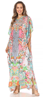 Sakkas Vicky Women's Casual Long Print Short Sleeve Petite Beach Maxi Caftan Dress - Buy One Get One Free dresses La Vie Bien Sakkas Vicky Women's Casual Long Print Short Sleeve Petite Beach Maxi Caftan Dress - Buy One Get One Free