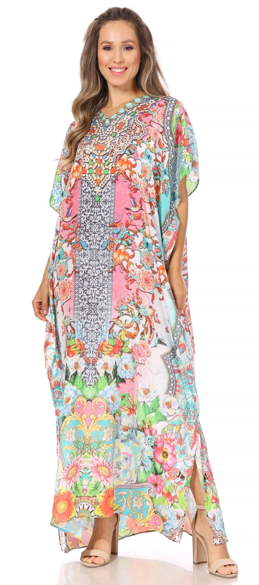 Sakkas Vicky Women's Casual Long Print Short Sleeve Petite Beach Maxi Caftan Dress - Buy One Get One Free dresses La Vie Bien Sakkas Vicky Women's Casual Long Print Short Sleeve Petite Beach Maxi Caftan Dress - Buy One Get One Free