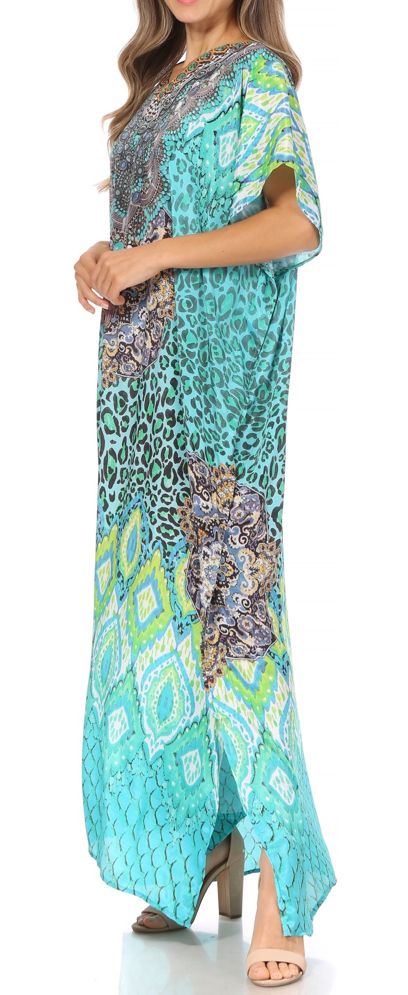Sakkas Vicky Women's Casual Long Print Short Sleeve Petite Beach Maxi Caftan Dress - Buy One Get One Free dresses La Vie Bien Sakkas Vicky Women's Casual Long Print Short Sleeve Petite Beach Maxi Caftan Dress - Buy One Get One Free