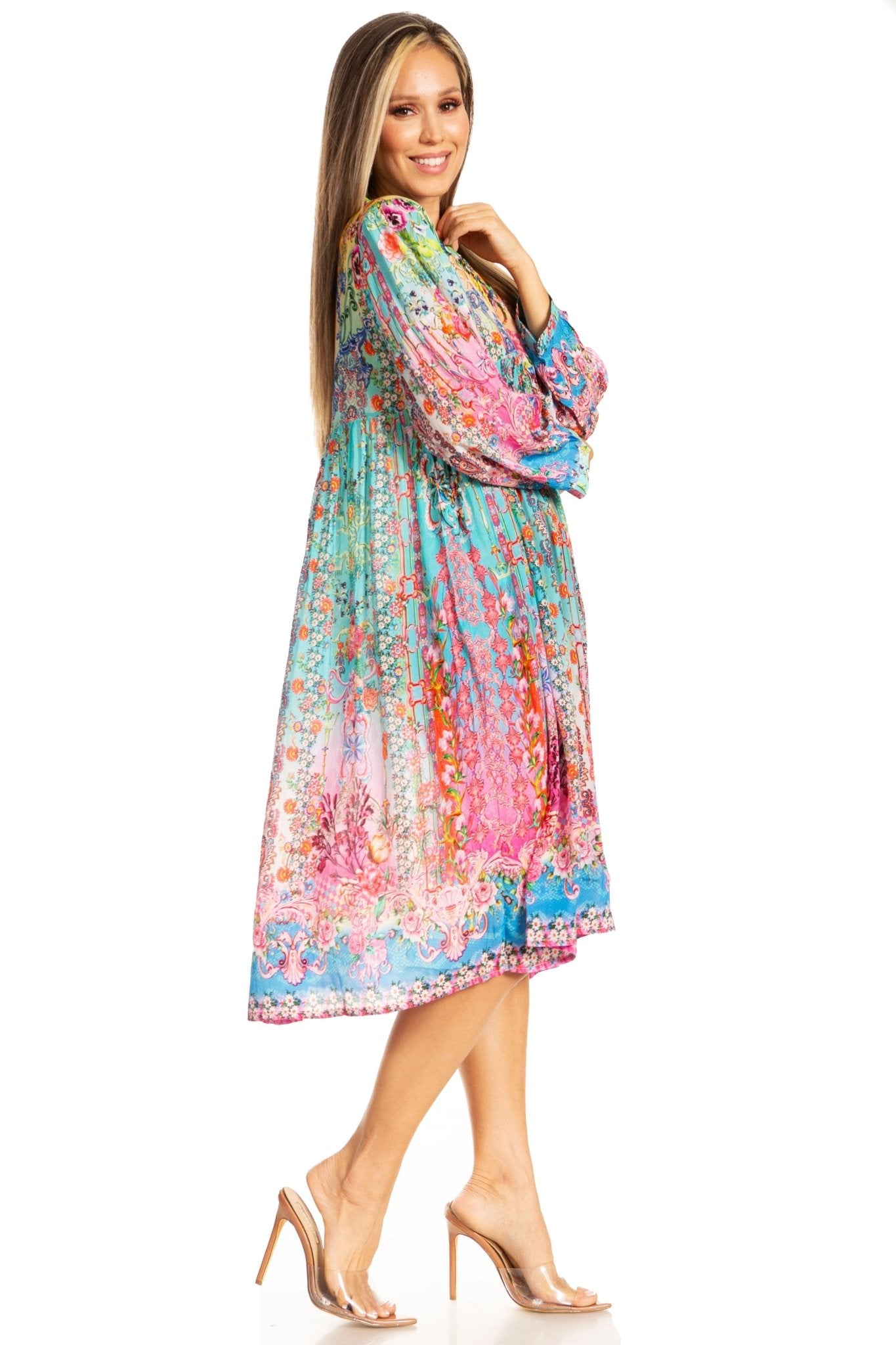 Sakkas Womens 3/4 Puff Sleeves Split Neck Summer Short Flowy Swing Dress/Cover-up dresses La Vie Bien Sakkas Womens 3/4 Puff Sleeves Split Neck Summer Short Flowy Swing Dress/Cover-up