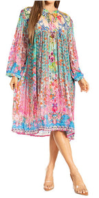 Sakkas Womens 3/4 Puff Sleeves Split Neck Summer Short Flowy Swing Dress/Cover-up dresses La Vie Bien Sakkas Womens 3/4 Puff Sleeves Split Neck Summer Short Flowy Swing Dress/Cover-up