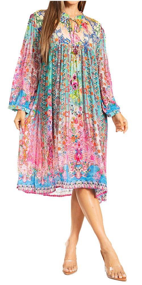Sakkas Womens 3/4 Puff Sleeves Split Neck Summer Short Flowy Swing Dress/Cover-up dresses La Vie Bien Sakkas Womens 3/4 Puff Sleeves Split Neck Summer Short Flowy Swing Dress/Cover-up