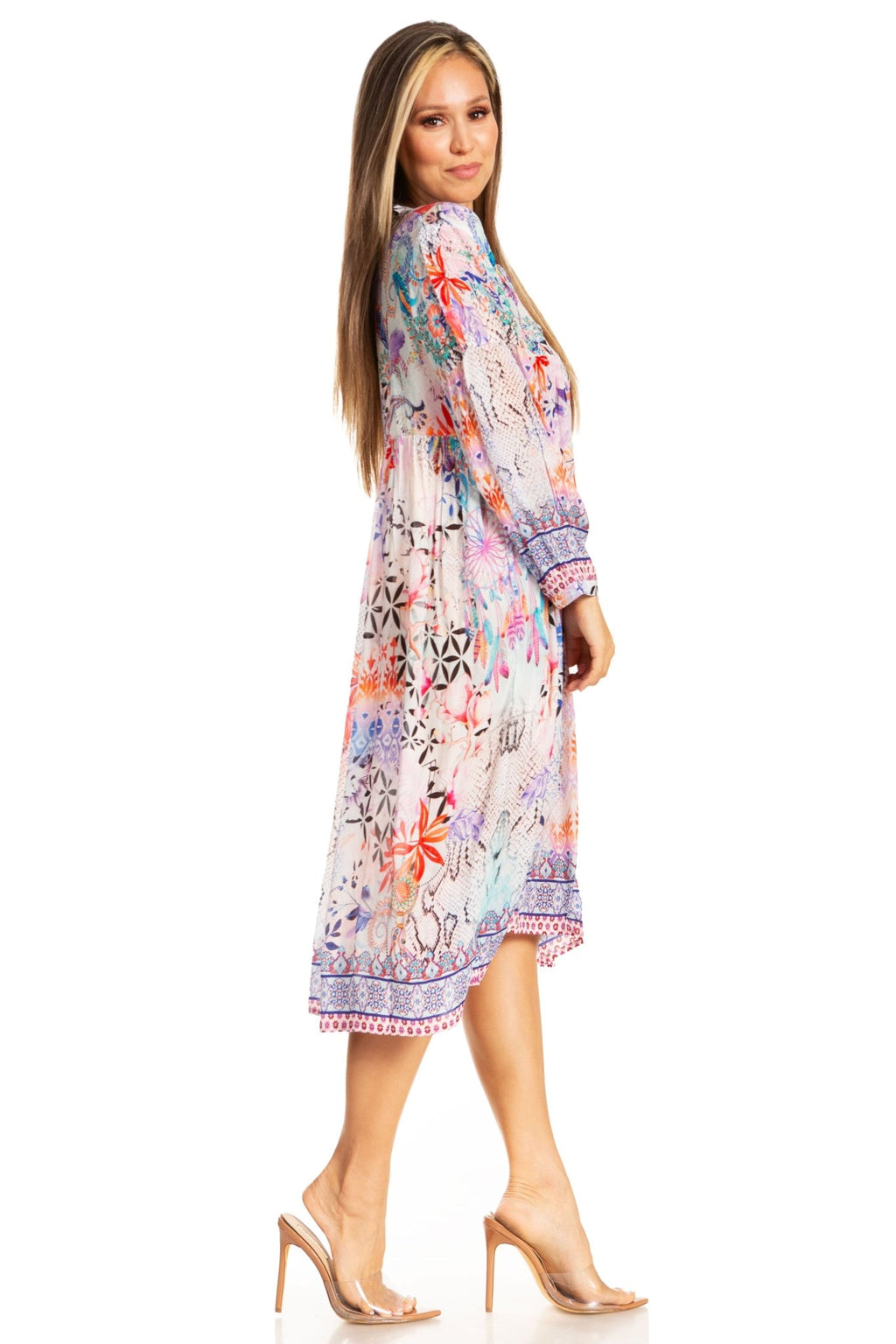 Sakkas Womens 3/4 Puff Sleeves Split Neck Summer Short Flowy Swing Dress/Cover-up dresses La Vie Bien Sakkas Womens 3/4 Puff Sleeves Split Neck Summer Short Flowy Swing Dress/Cover-up