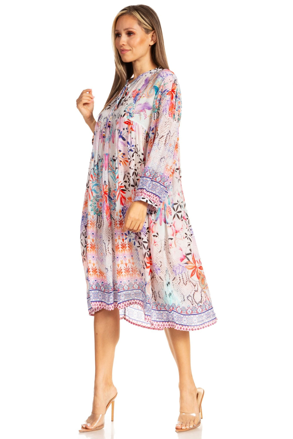 Sakkas Womens 3/4 Puff Sleeves Split Neck Summer Short Flowy Swing Dress/Cover-up dresses La Vie Bien Sakkas Womens 3/4 Puff Sleeves Split Neck Summer Short Flowy Swing Dress/Cover-up
