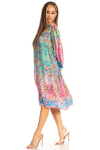 Sakkas Womens 3/4 Puff Sleeves Split Neck Summer Short Flowy Swing Dress/Cover-up dresses La Vie Bien Sakkas Womens 3/4 Puff Sleeves Split Neck Summer Short Flowy Swing Dress/Cover-up
