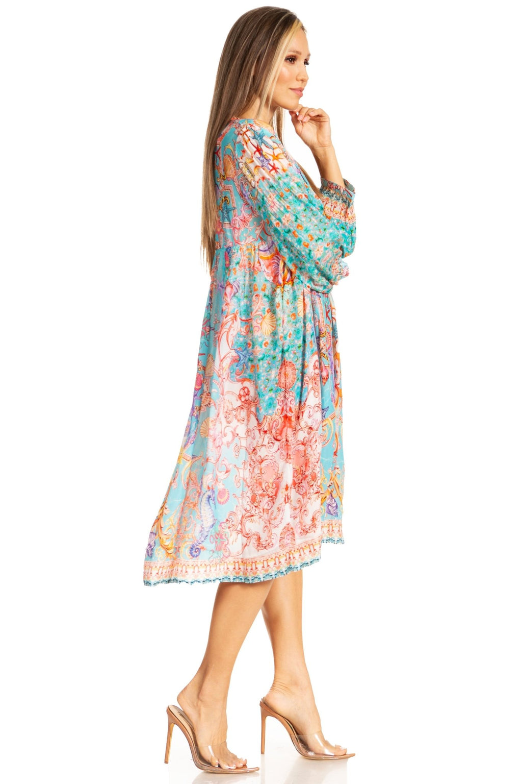 Sakkas Womens 3/4 Puff Sleeves Split Neck Summer Short Flowy Swing Dress/Cover-up dresses La Vie Bien Sakkas Womens 3/4 Puff Sleeves Split Neck Summer Short Flowy Swing Dress/Cover-up