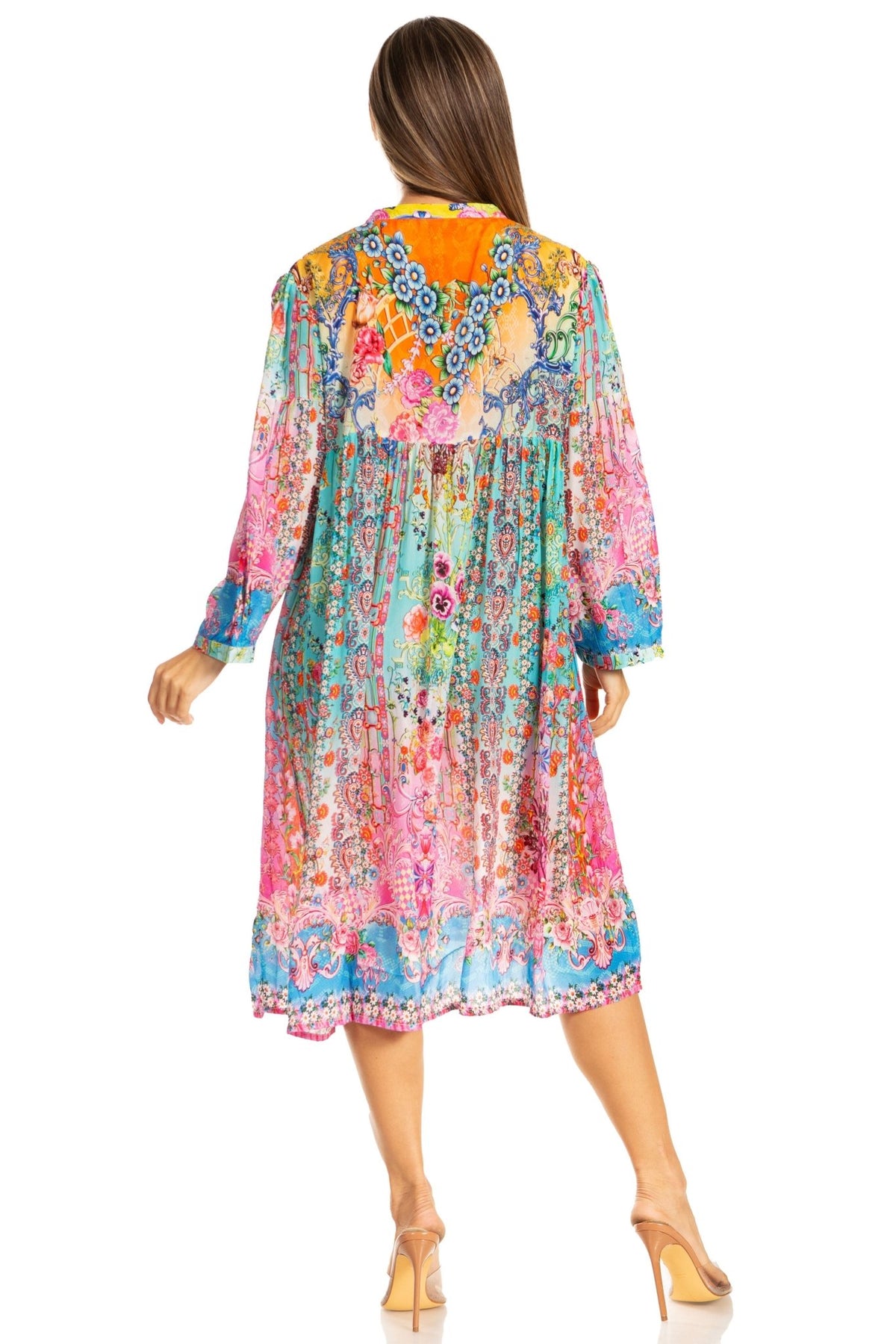 Sakkas Womens 3/4 Puff Sleeves Split Neck Summer Short Flowy Swing Dress/Cover-up dresses La Vie Bien Sakkas Womens 3/4 Puff Sleeves Split Neck Summer Short Flowy Swing Dress/Cover-up
