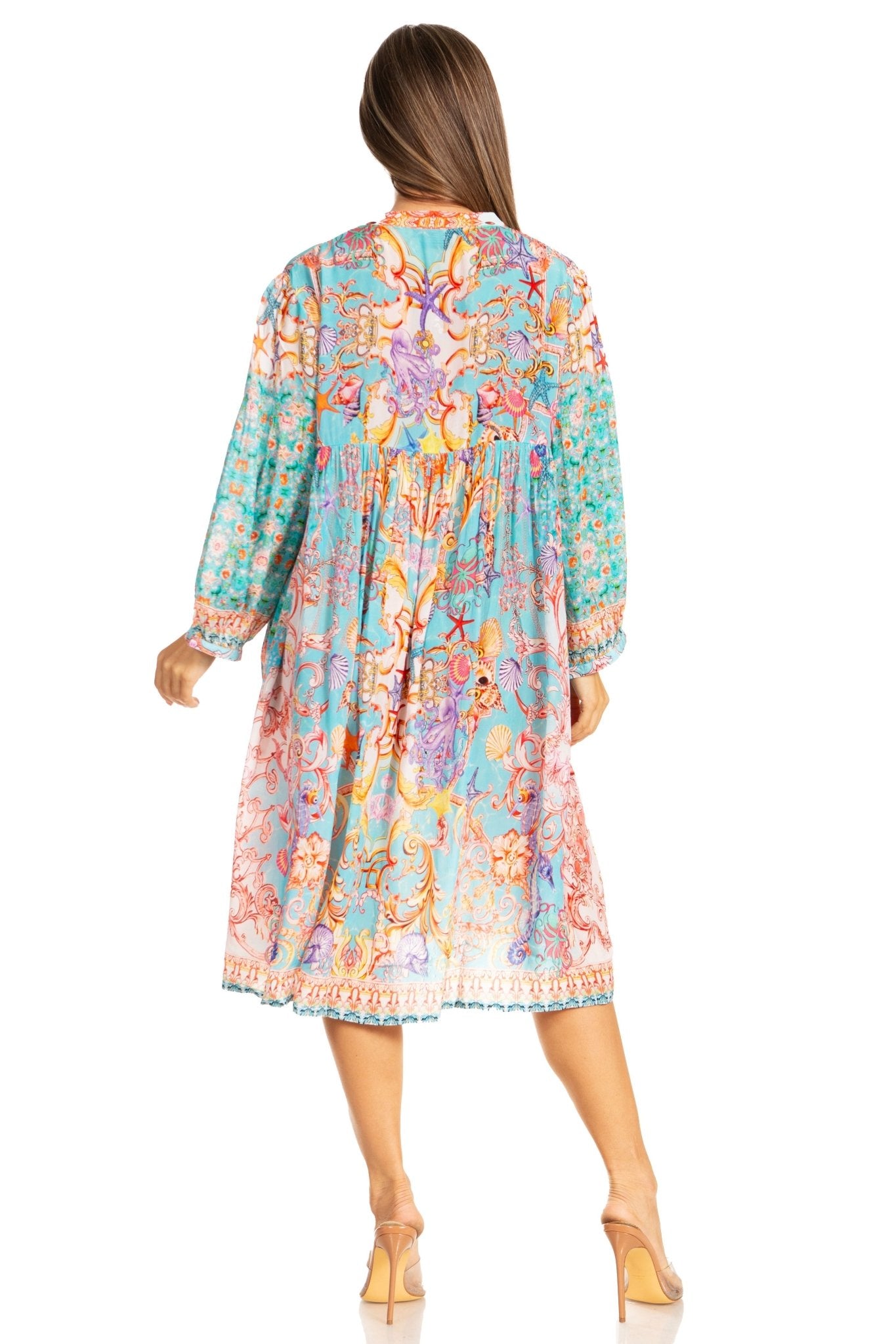Sakkas Womens 3/4 Puff Sleeves Split Neck Summer Short Flowy Swing Dress/Cover-up dresses La Vie Bien Sakkas Womens 3/4 Puff Sleeves Split Neck Summer Short Flowy Swing Dress/Cover-up