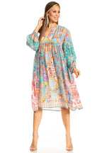 Sakkas Womens 3/4 Puff Sleeves Split Neck Summer Short Flowy Swing Dress/Cover-up dresses La Vie Bien Sakkas Womens 3/4 Puff Sleeves Split Neck Summer Short Flowy Swing Dress/Cover-up