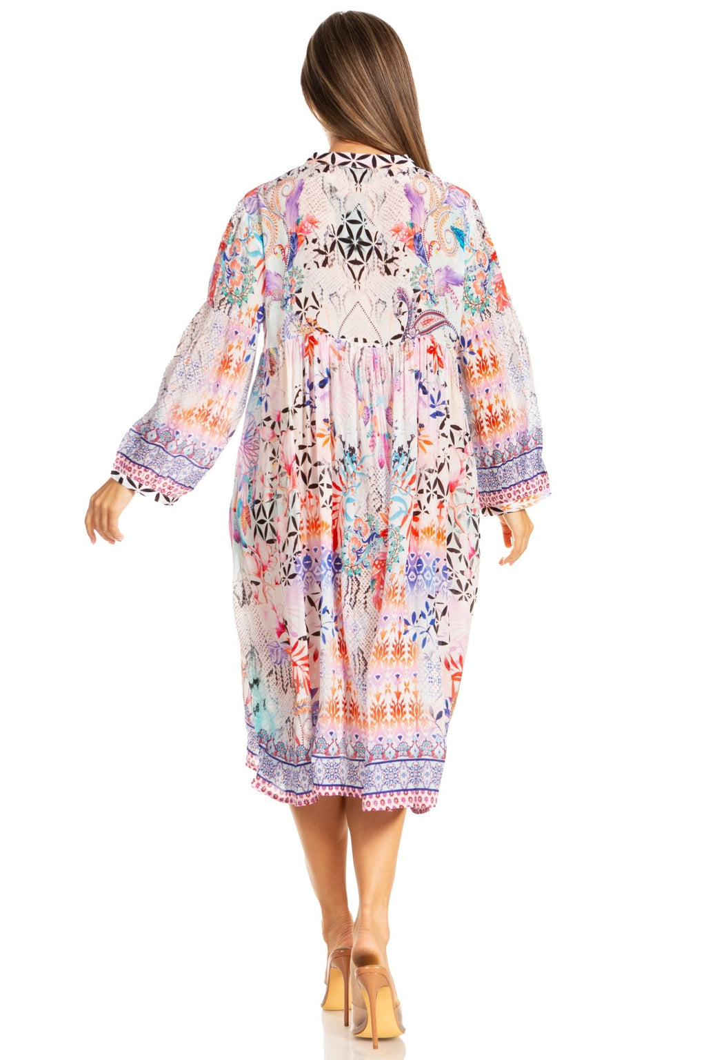 Sakkas Womens 3/4 Puff Sleeves Split Neck Summer Short Flowy Swing Dress/Cover-up dresses La Vie Bien Sakkas Womens 3/4 Puff Sleeves Split Neck Summer Short Flowy Swing Dress/Cover-up