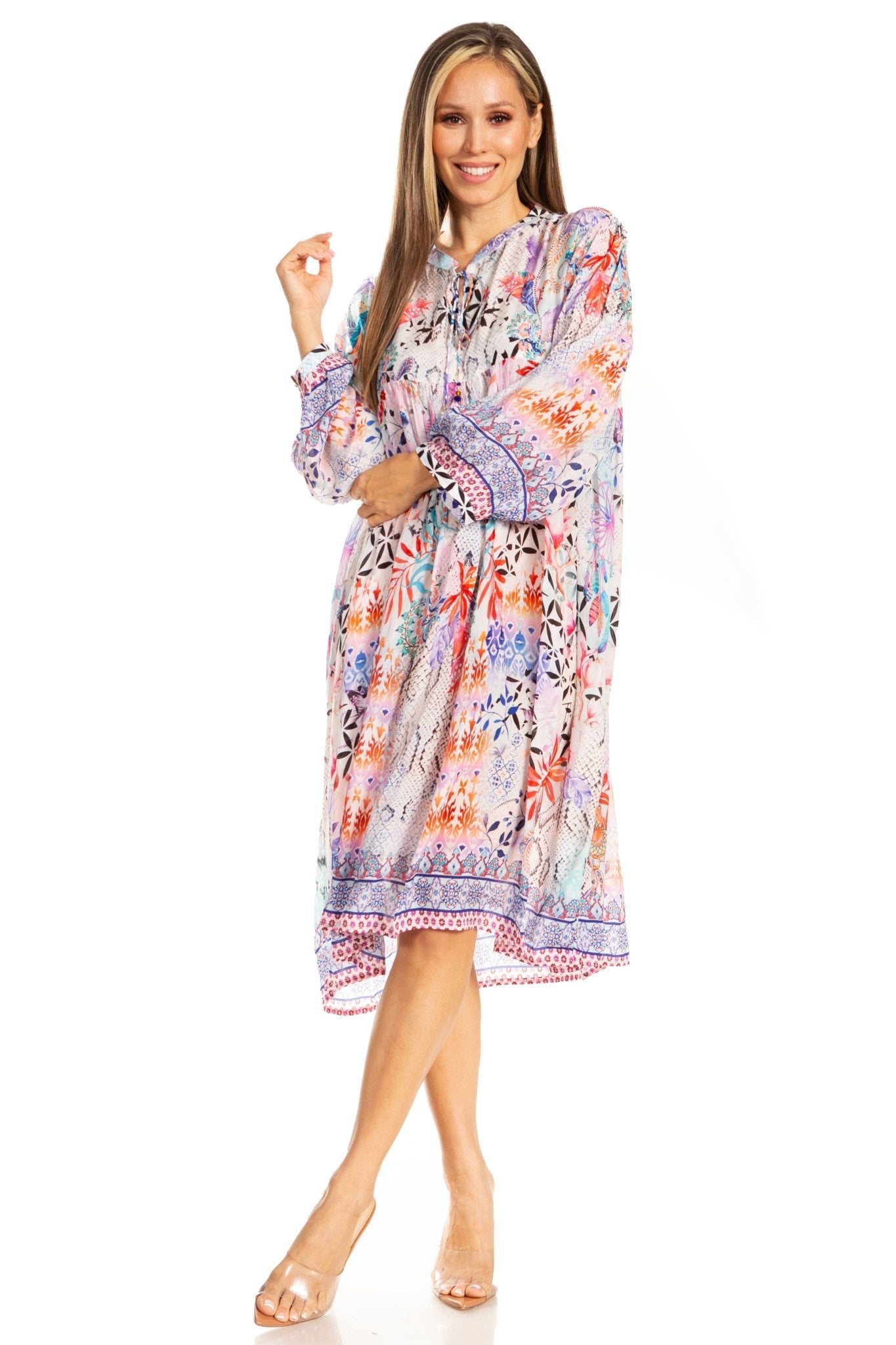 Sakkas Womens 3/4 Puff Sleeves Split Neck Summer Short Flowy Swing Dress/Cover-up dresses La Vie Bien Sakkas Womens 3/4 Puff Sleeves Split Neck Summer Short Flowy Swing Dress/Cover-up