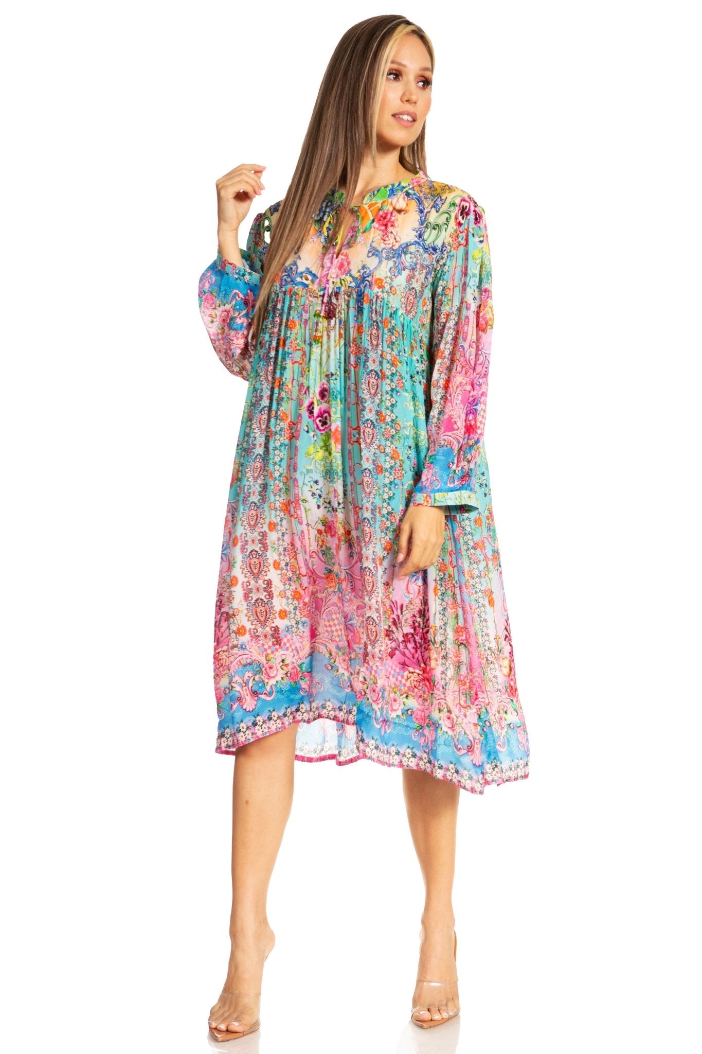 Sakkas Womens 3/4 Puff Sleeves Split Neck Summer Short Flowy Swing Dress/Cover-up dresses La Vie Bien Sakkas Womens 3/4 Puff Sleeves Split Neck Summer Short Flowy Swing Dress/Cover-up