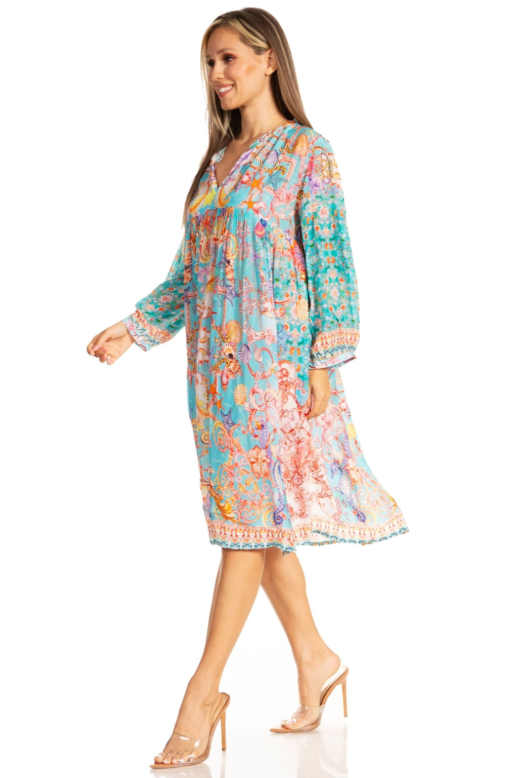 Sakkas Womens 3/4 Puff Sleeves Split Neck Summer Short Flowy Swing Dress/Cover-up dresses La Vie Bien Sakkas Womens 3/4 Puff Sleeves Split Neck Summer Short Flowy Swing Dress/Cover-up