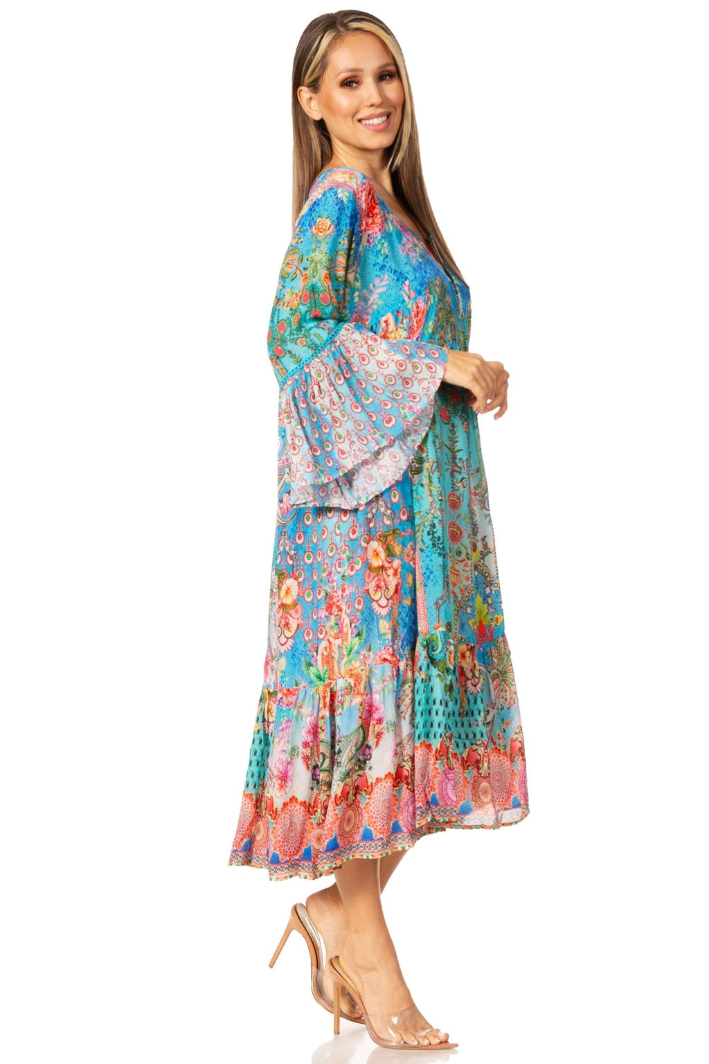 Sakkas Womens 3/4 Ruffled Sleeves Henley Neck Summer Short Flowy Dress/Beachwear dresses La Vie Bien Sakkas Womens 3/4 Ruffled Sleeves Henley Neck Summer Short Flowy Dress/Beachwear